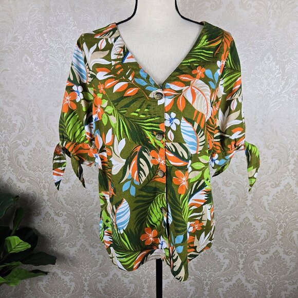 Emily Daniels Size Large Colorful Floral Greenery Print Blouse V-neck Button Up - Picture 1 of 12